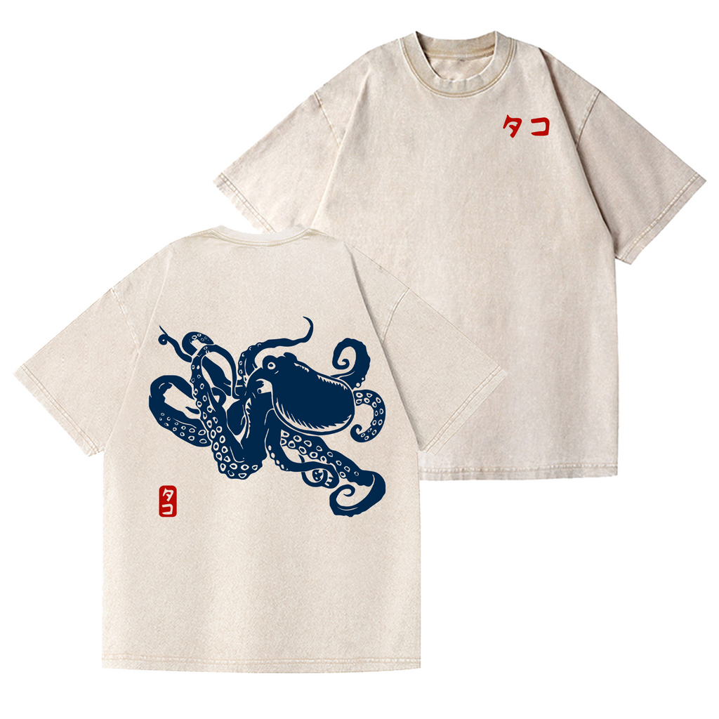 Octopus Vintage Wash Japanese Design Back Art T-Shirt