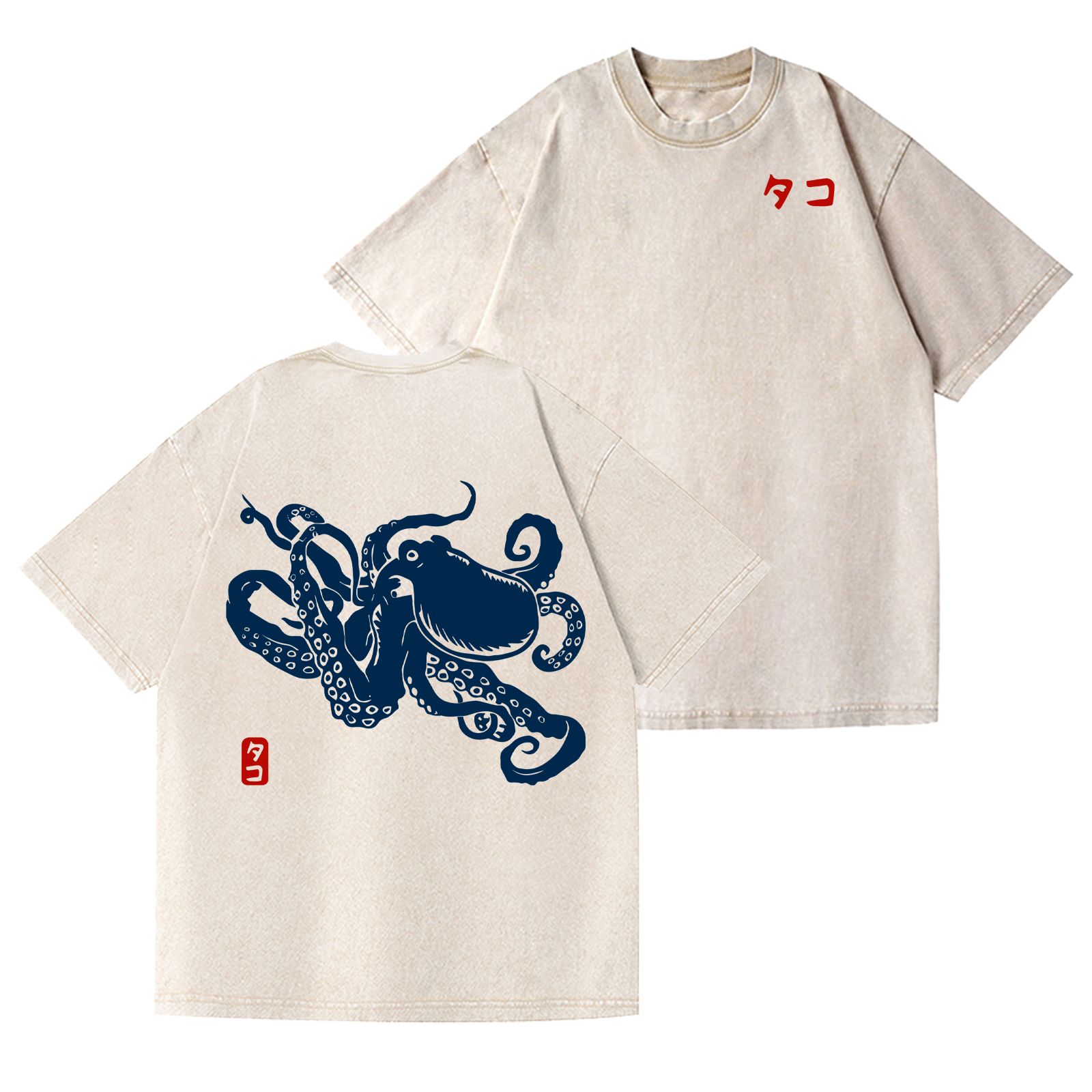 Octopus Vintage Wash Japanese Design Back Art T-Shirt