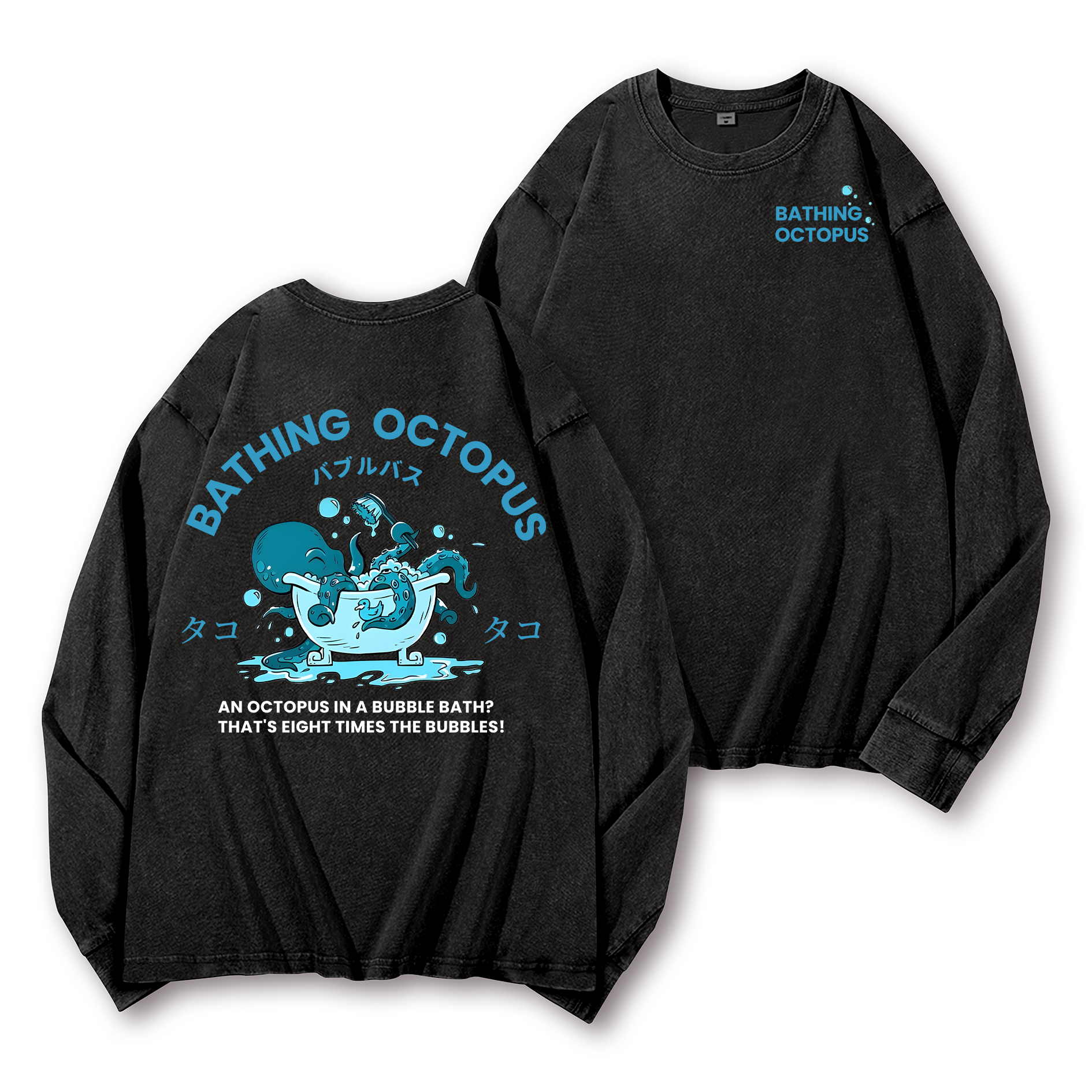 Bubble Bath Octopus Vintage Washed Cotton Back Art Long-sleeve T-shirt