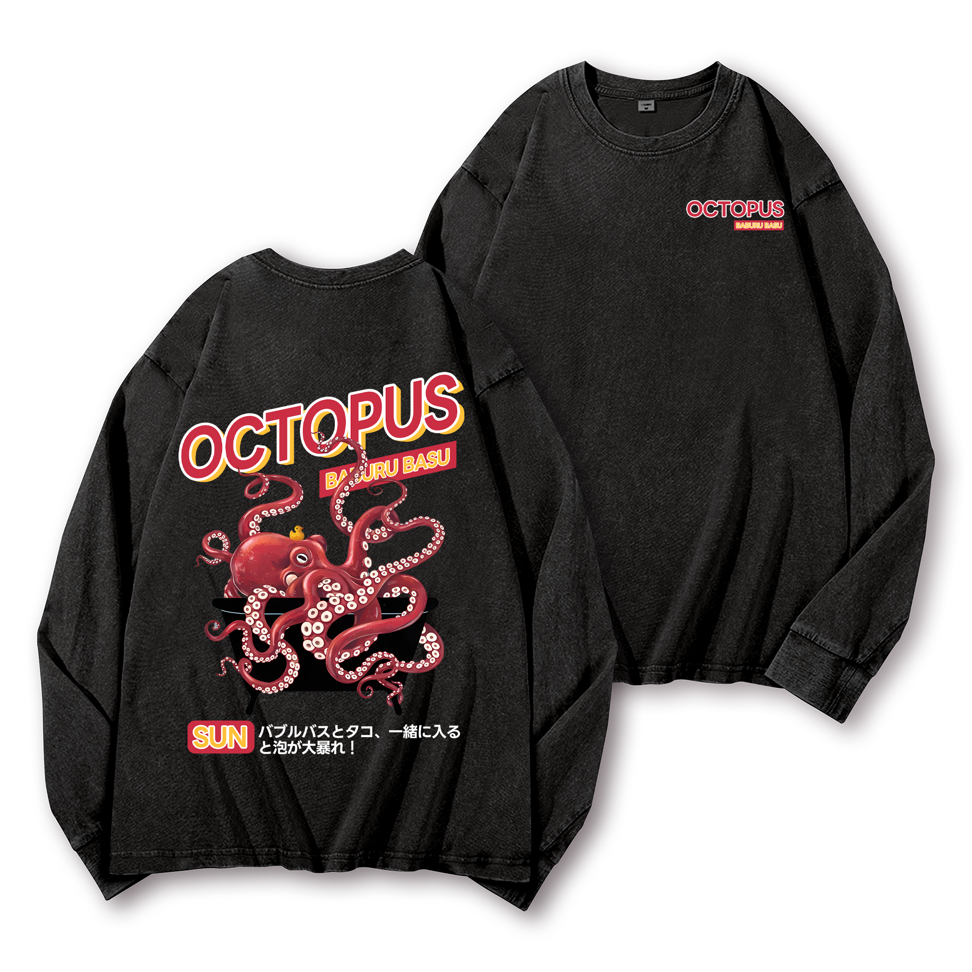 Bubble Bath Octopus Vintage Washed Cotton Back Art Long-sleeve T-shirt