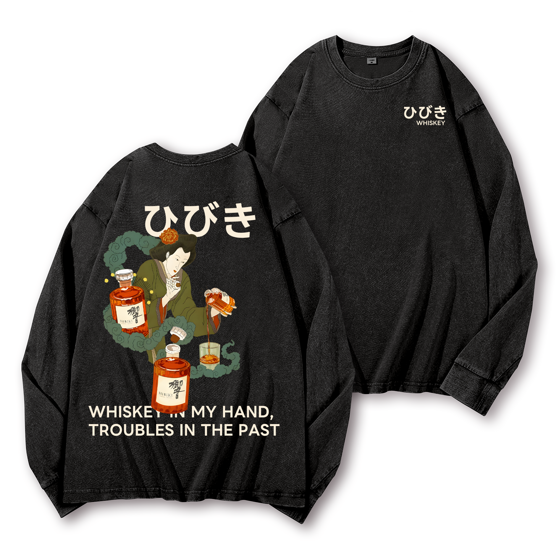 Hibiki Whisky Vintage Washed Cotton Back Art Long-sleeve T-shirt