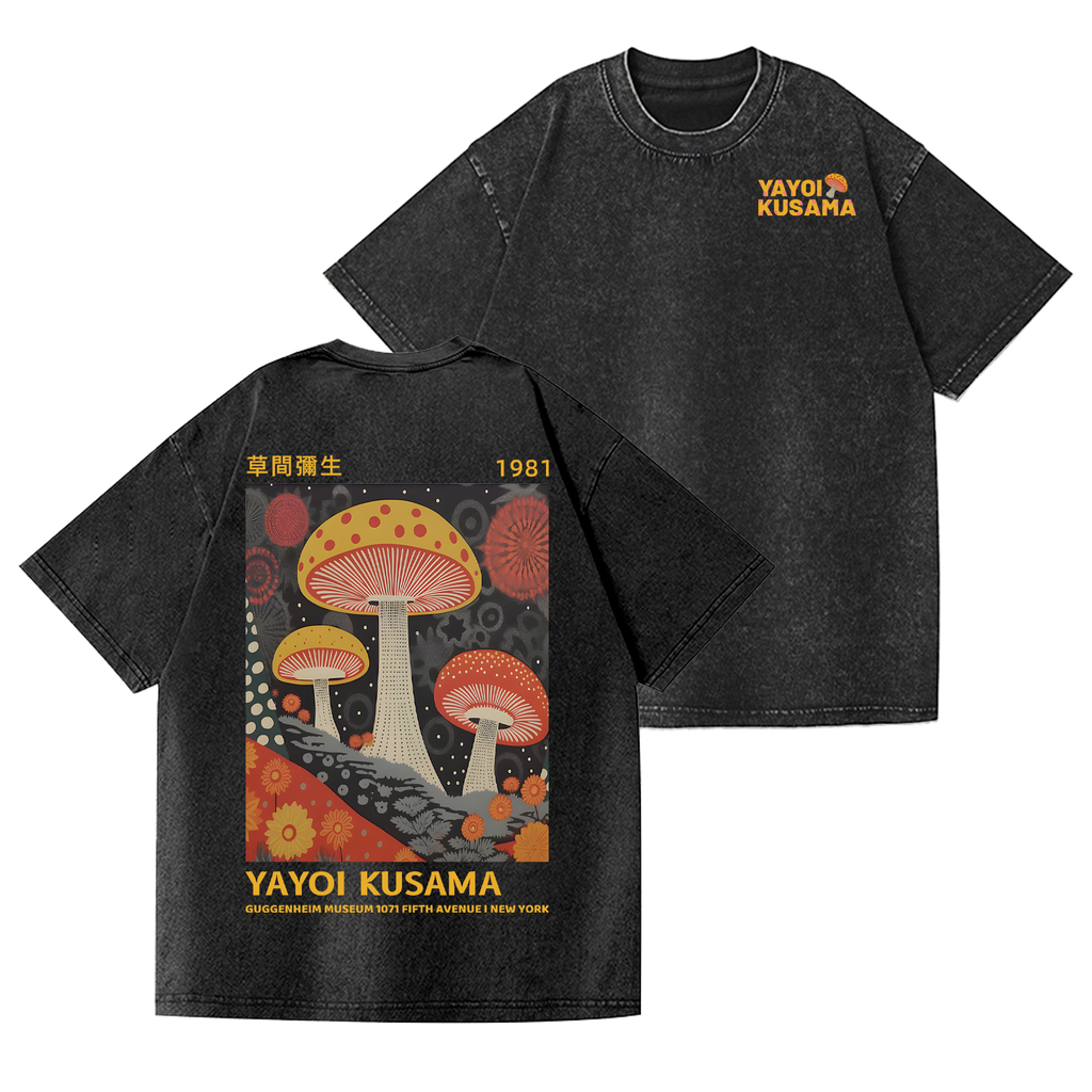 Yayoi Kusama Mushroom Vintage Wash Japanese Design Back Art T-Shirt