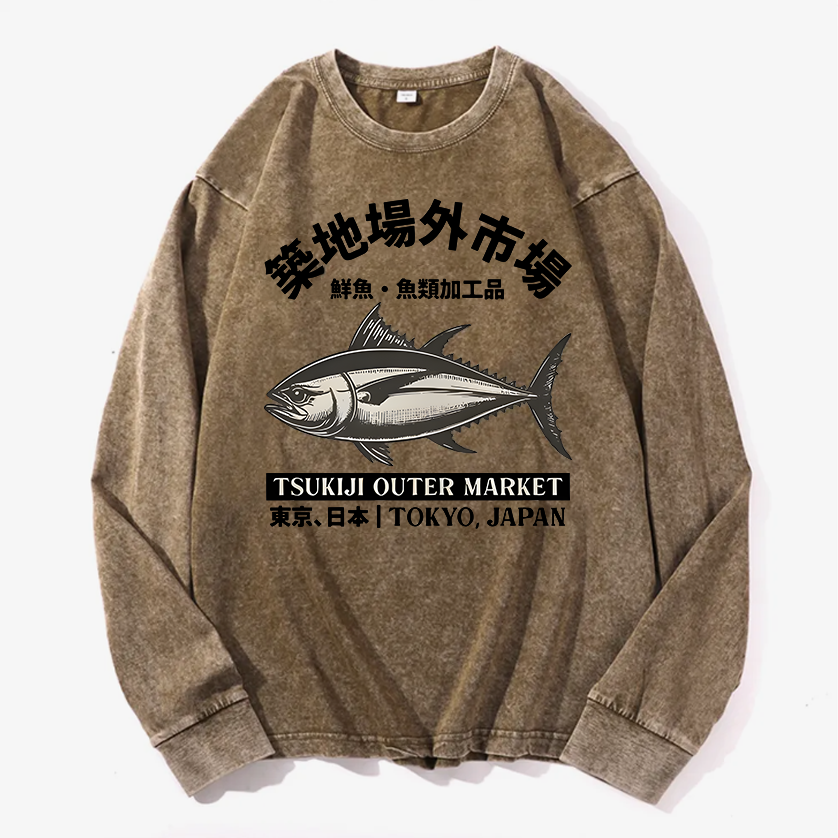 Tsukiji Outer Market Vintage Cotton Wash Crewneck Long-Sleeve T-Shirt