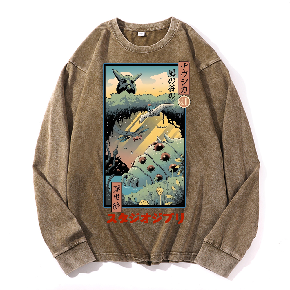 Ghibl iNausicaä of the Valley of the Wind  Anime Vintage Cotton Wash Crewneck Long-Sleeve T-Shirt