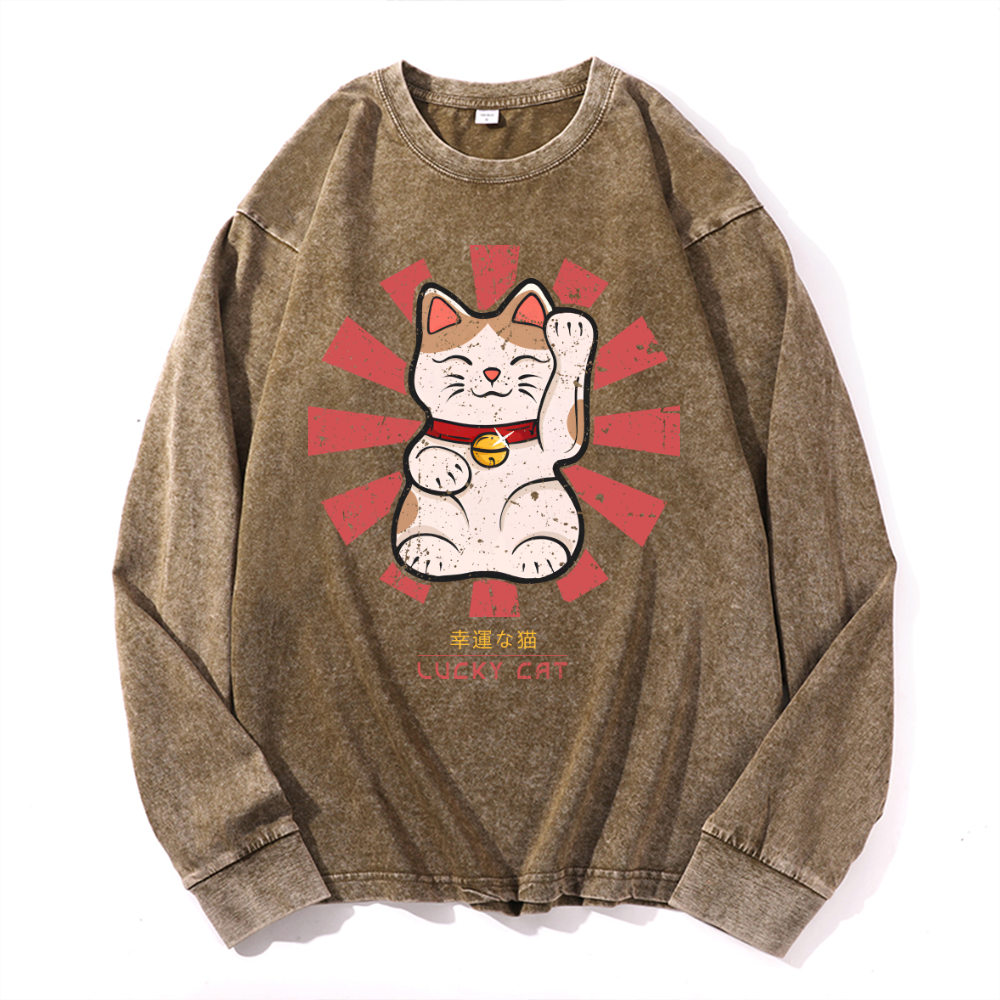 Lucky Cat Vintage Cotton Wash Crewneck Long-Sleeve T-Shirt