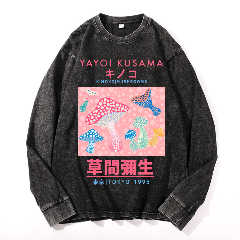 Yayoi Kusama Mushroom Vintage Cotton Wash Crewneck Long-Sleeve T-Shirt