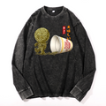 Cup Noodle Mummy Vintage Cotton Wash Crewneck Long-Sleeve T-Shirt