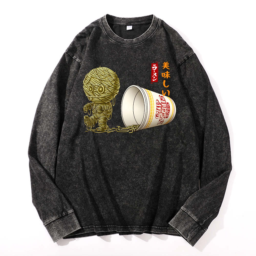 Cup Noodle Mummy Vintage Cotton Wash Crewneck Long-Sleeve T-Shirt