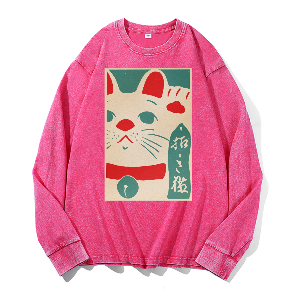 Cat Vintage Cotton Wash Crewneck Long-Sleeve T-Shirt