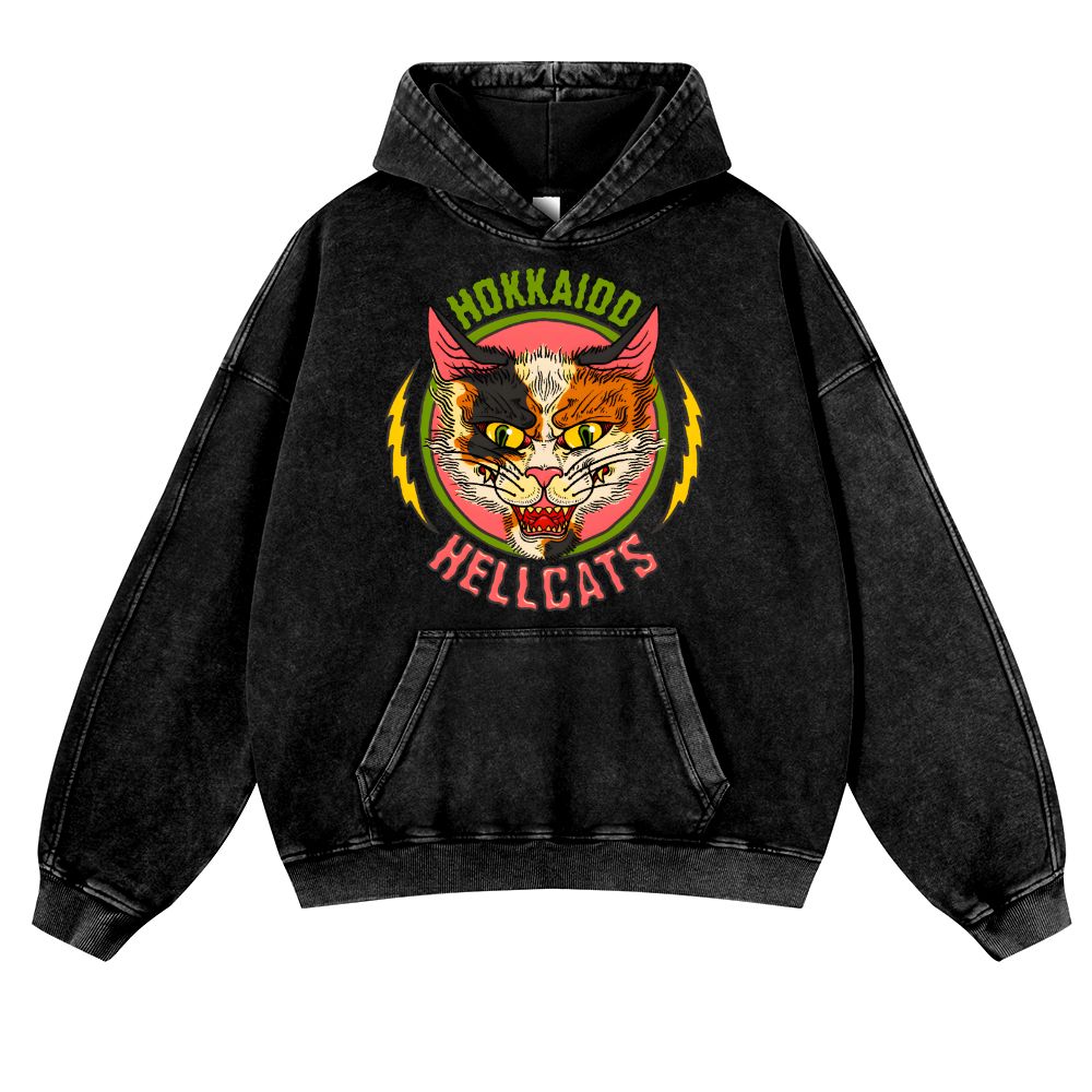 Hokkaido Hellcats Cat Vintage Washed Thick Cotton Hoodie