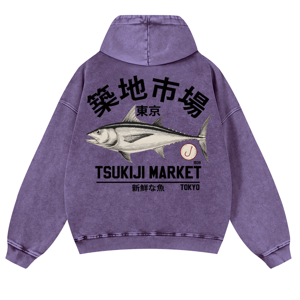 Tsukiji Fish Market Vintage Washed Cotton Back Art Hoodie