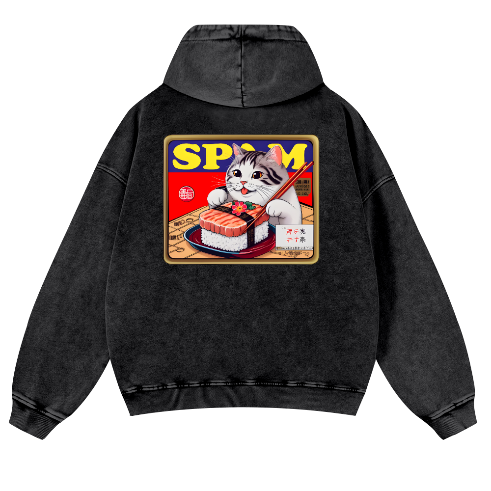 Spam Cat Vintage Washed Cotton Back Art Hoodie