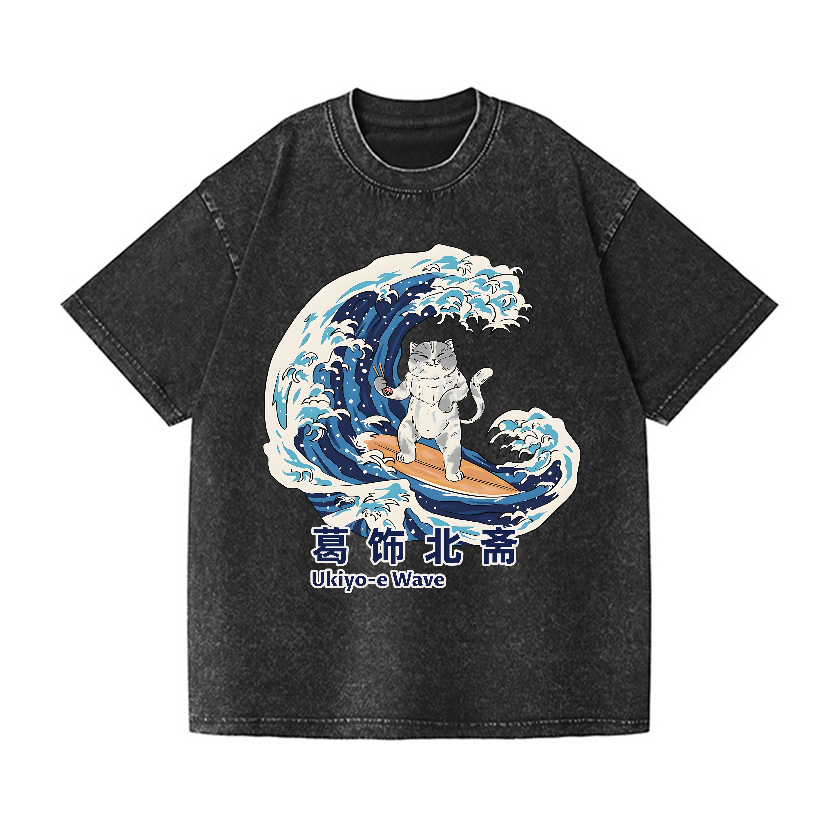 Ukiyoe Wave Cat Vintage Wash Japanese Design T-Shirt