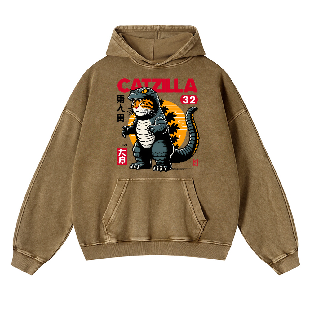 Catzilla Cat Kaiju Vintage Washed Thick Cotton Hoodie