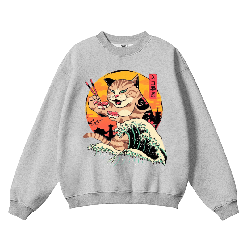 Cat Sushi Great Wave Vintage Cotton Blend Crewneck Sweatshirt