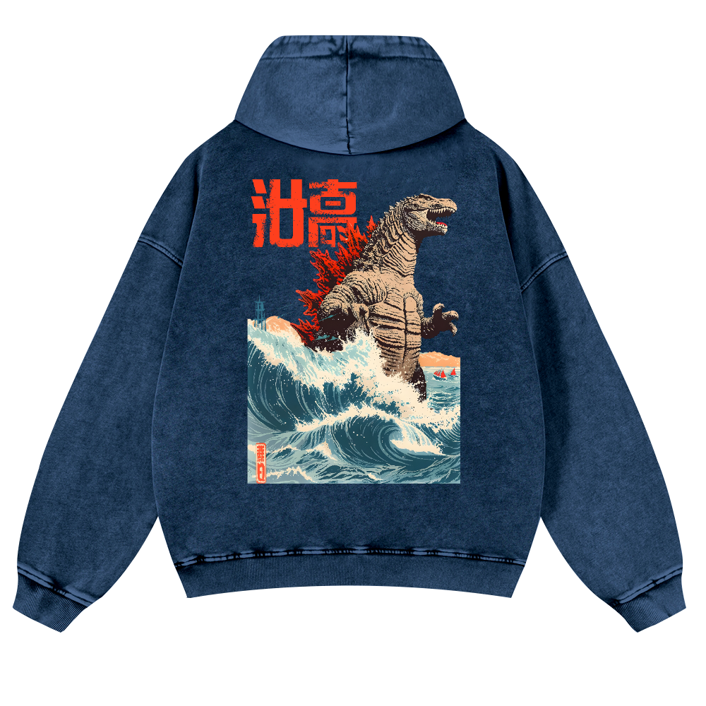 Kaiju Wave Vintage Washed Cotton Back Art Hoodie