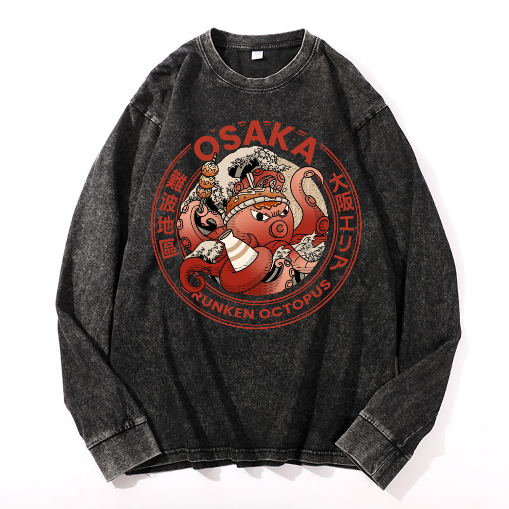 Osaka Dotonbori Drunken Octopus Vintage Cotton Wash Crewneck Long-Sleeve T-Shirt
