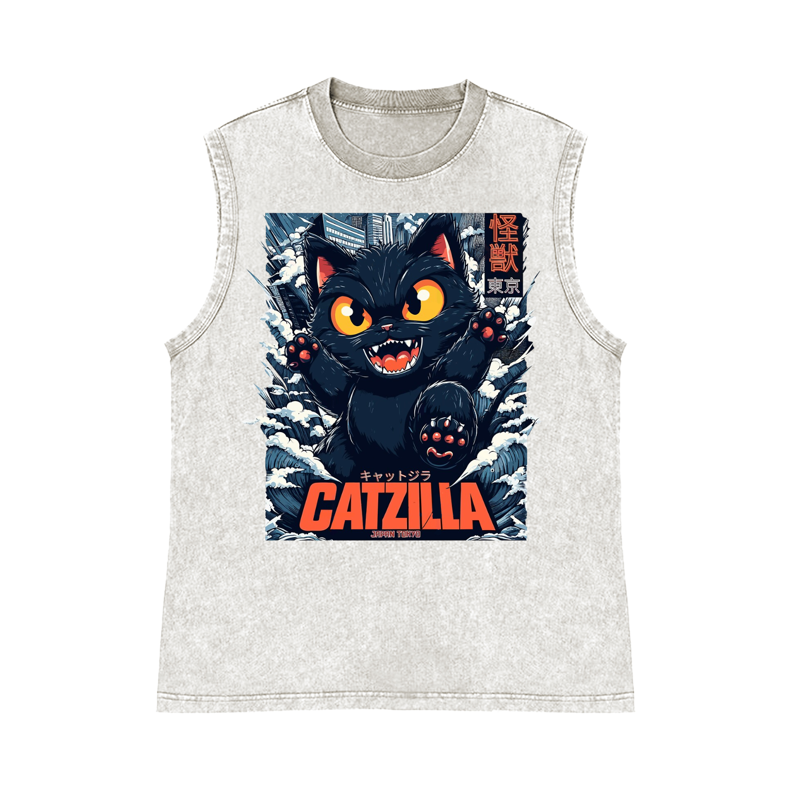 Catzilla Cat Kaiju Pure Cotton Wash-Dyed Sleeveless Tank Top