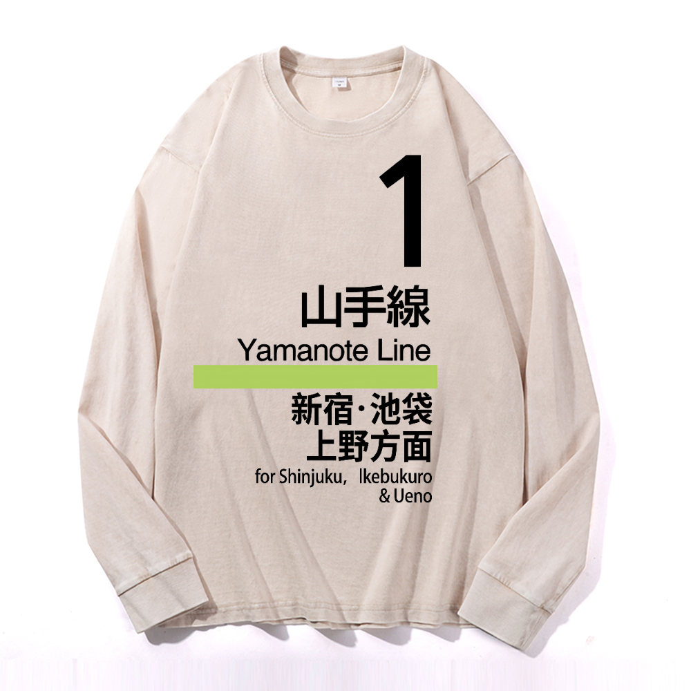 Yamanote Line for Shinjuku & Ikebukuro & Ueno Vintage Cotton Wash Crewneck Long-Sleeve T-Shirt