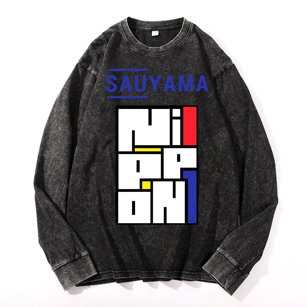 Sauyama Nippon Vintage Cotton Wash Crewneck Long-Sleeve T-Shirt