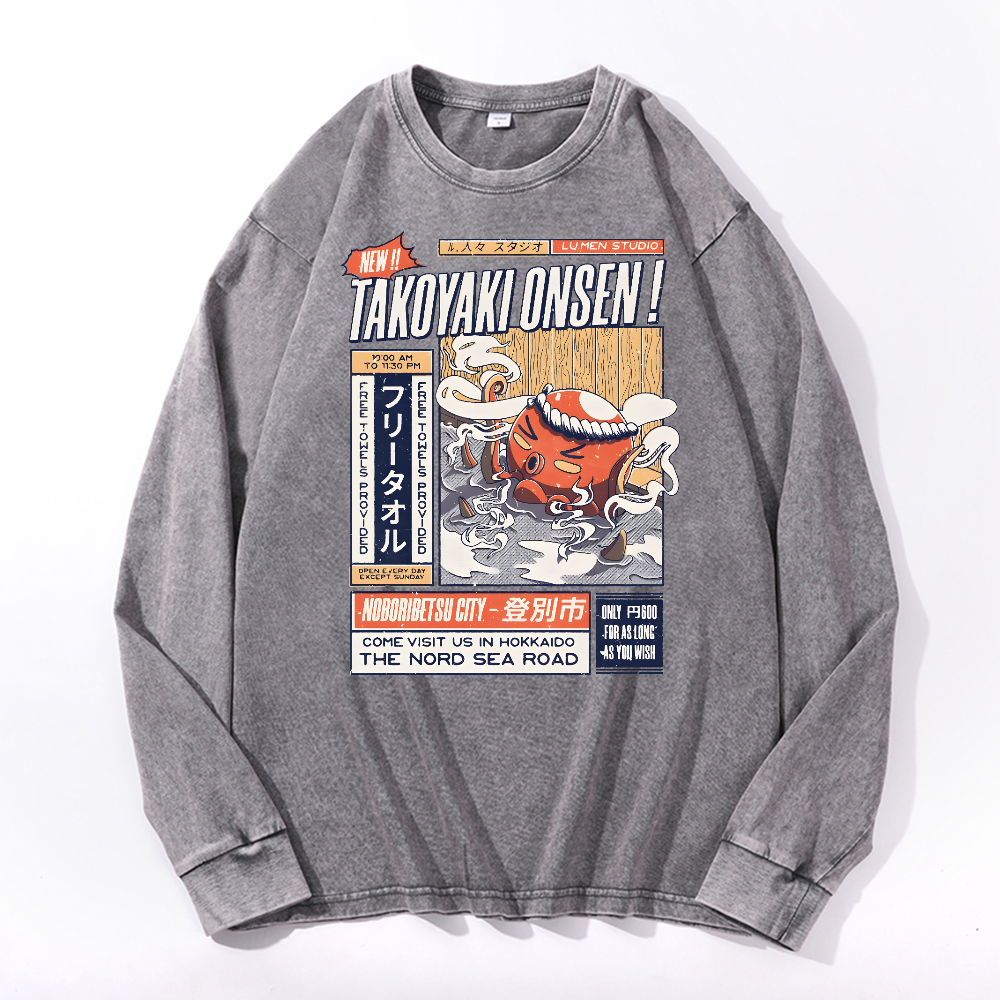 Takoyaki Octopus Vintage Cotton Wash Crewneck Long-Sleeve T-Shirt