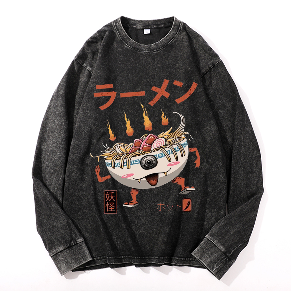 Ramen Monster Vintage Cotton Wash Crewneck Long-Sleeve T-Shirt