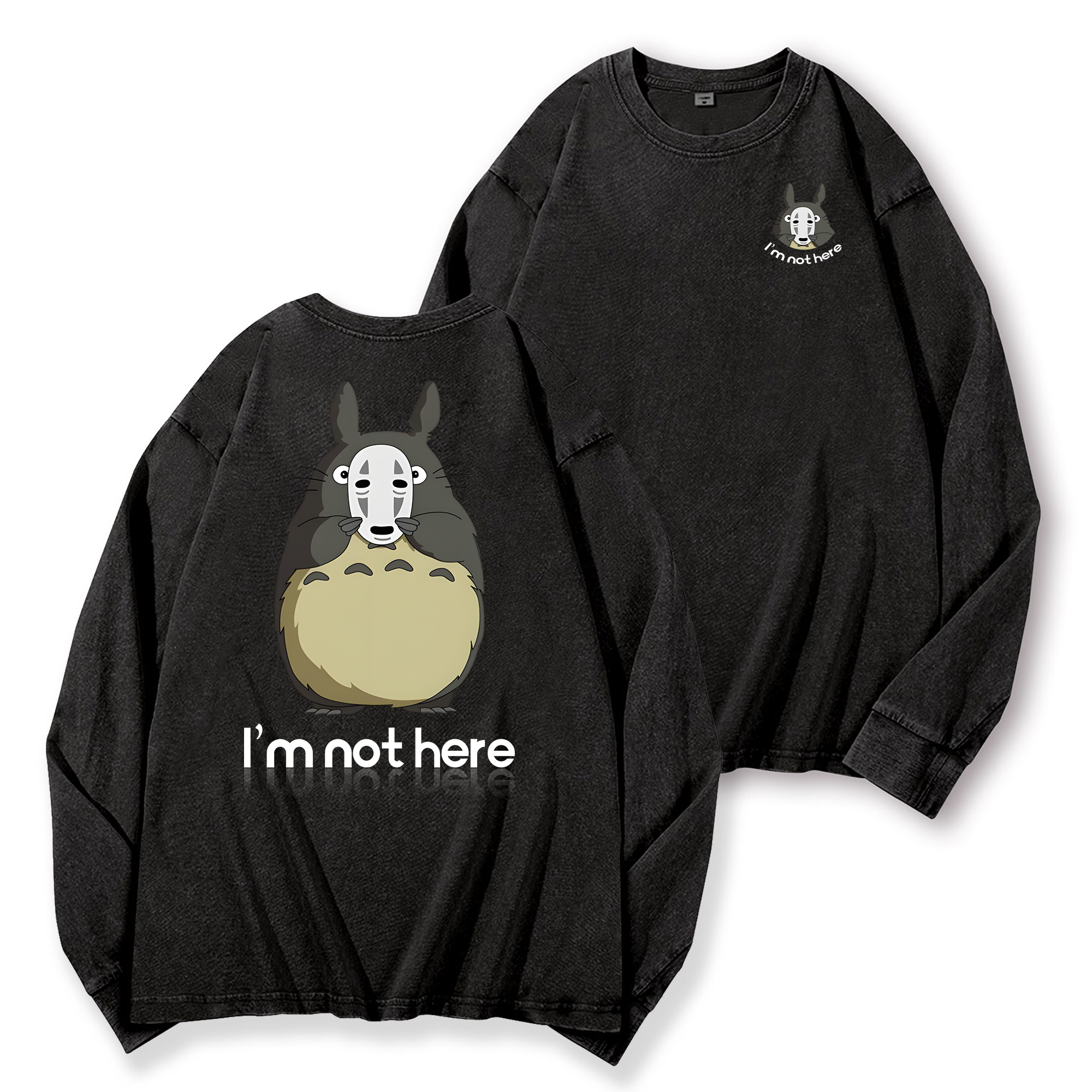Ghibli Totoro No Face Kaonashi Vintage Washed Cotton Back Art Long-sleeve T-shirt