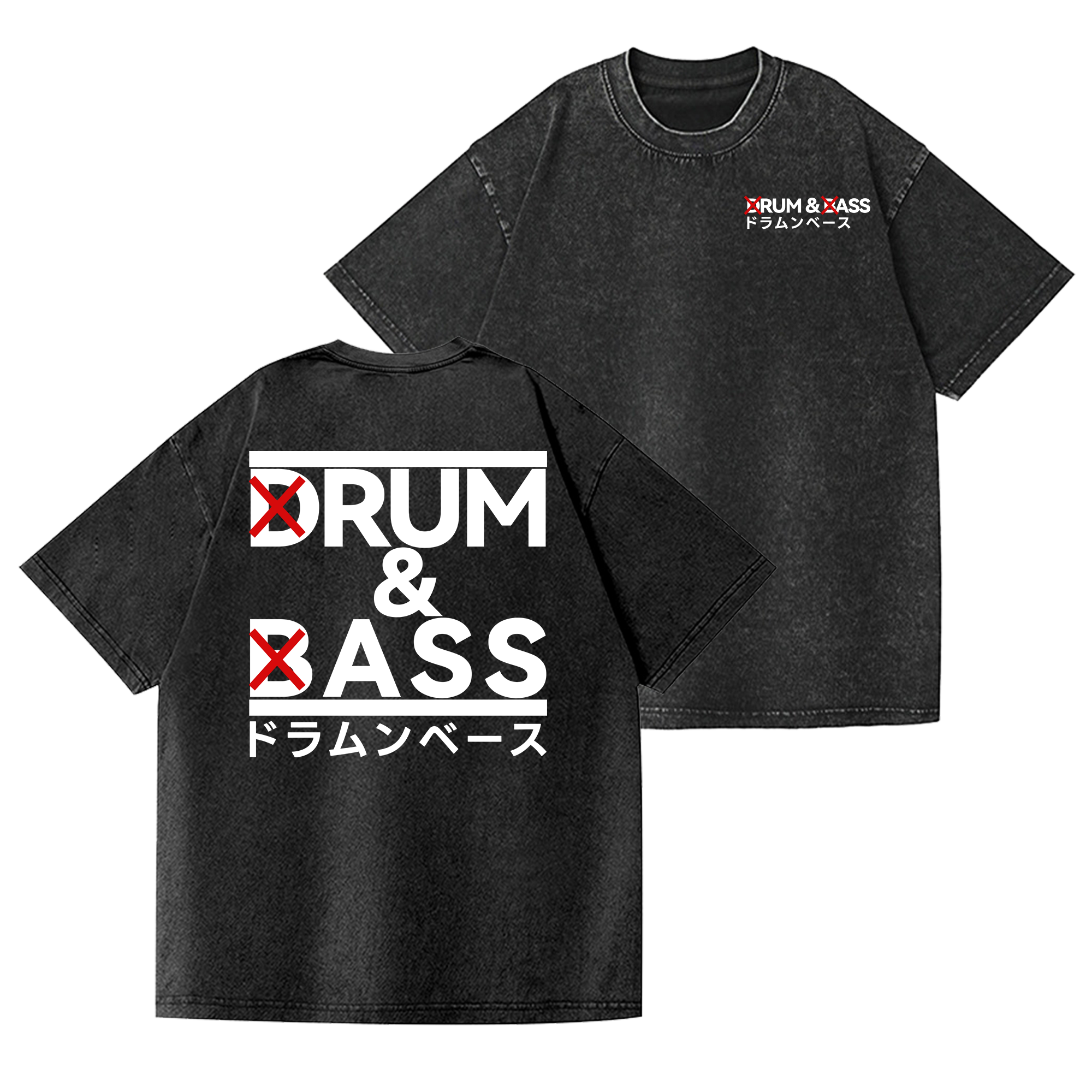 Drum and Bass Vintage Wash Japanese Design Back Art T-Shirt