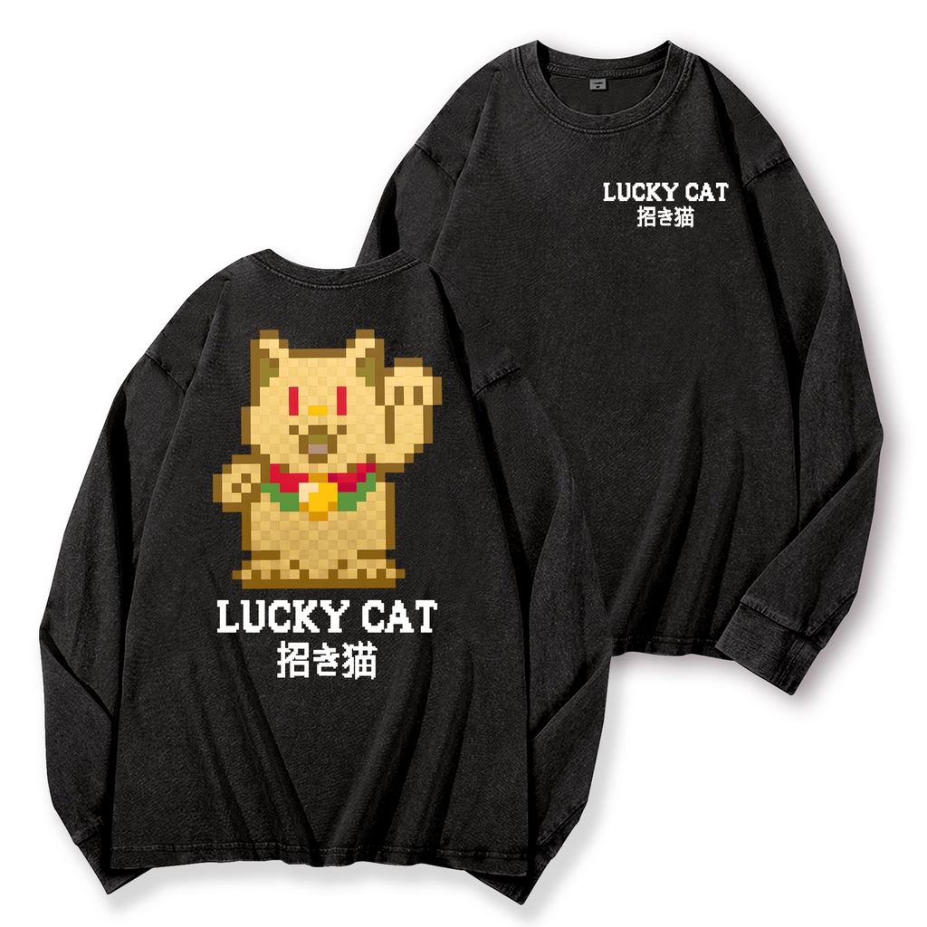 Mosaic Lucky Cat Vintage Washed Cotton Back Art Long-sleeve T-shirt