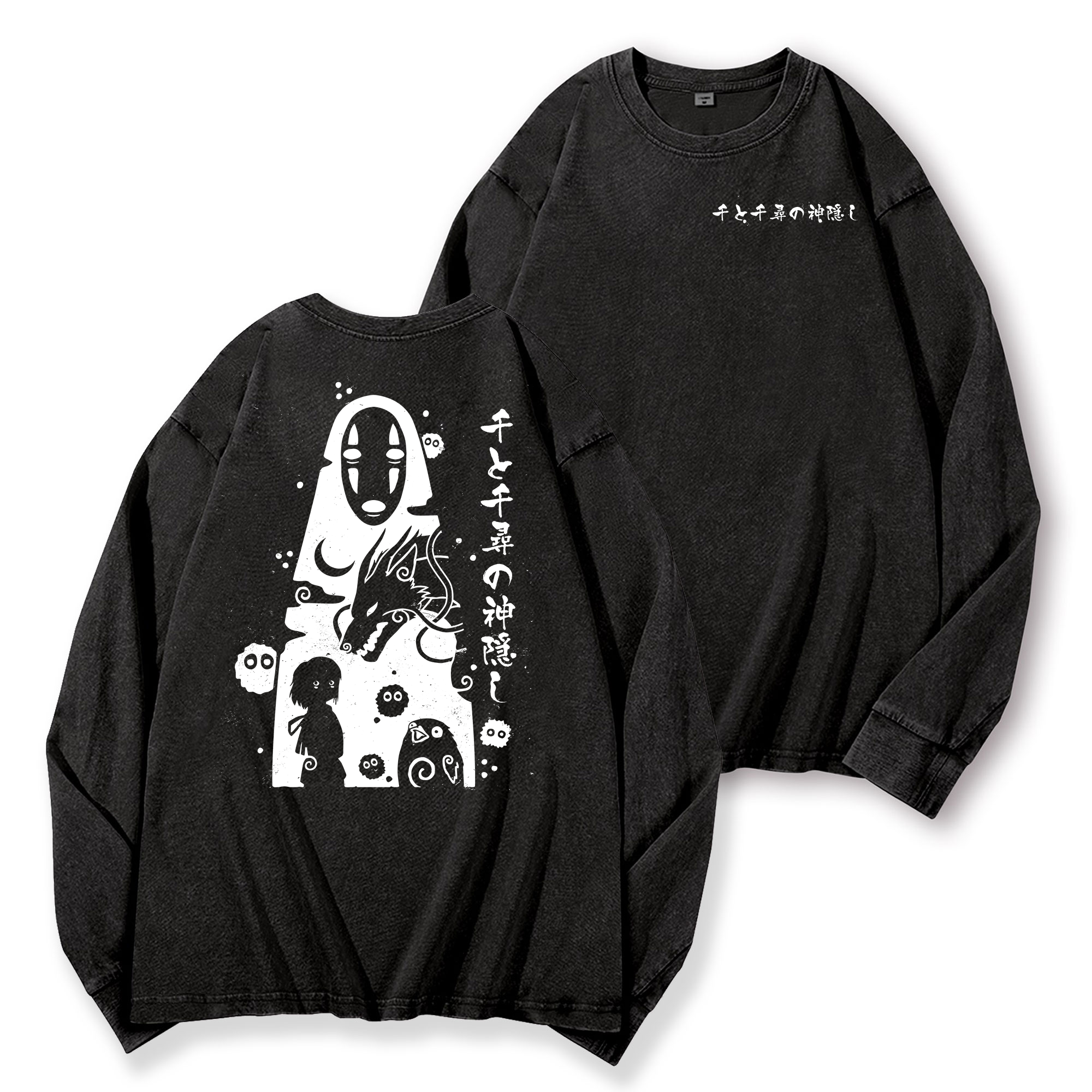 Ghibli No Face Kaonashi Vintage Washed Cotton Back Art Long-sleeve T-shirt