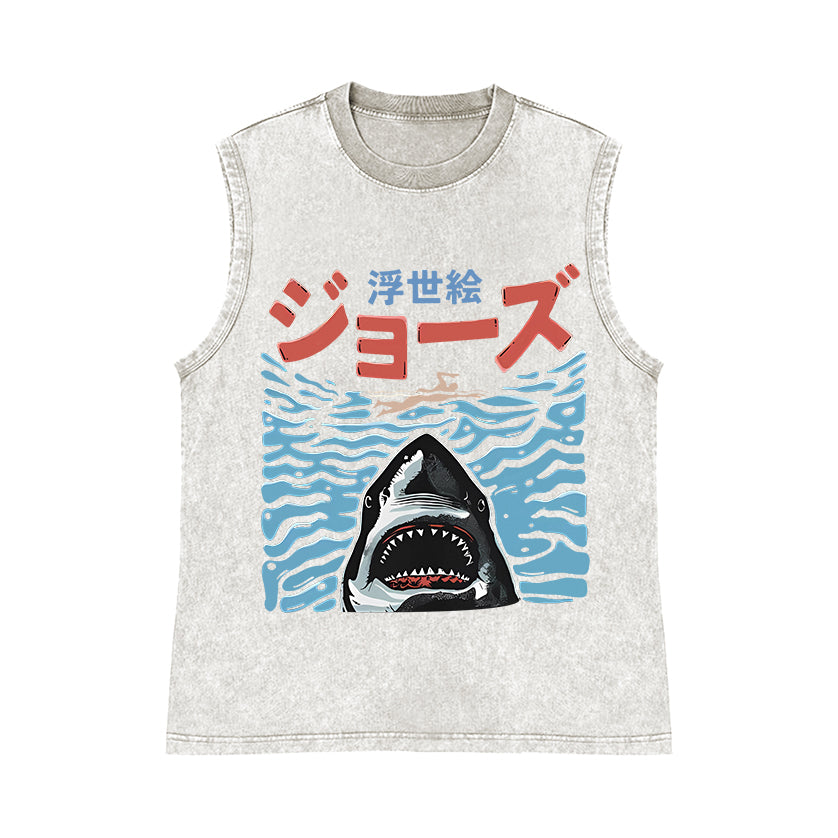 Ukiyoe Jaws Shark Pure Cotton Wash-Dyed Sleeveless Tank Top