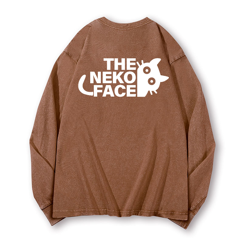 The Neko Face Vintage Washed Cotton Back Art Long-sleeve T-shirt