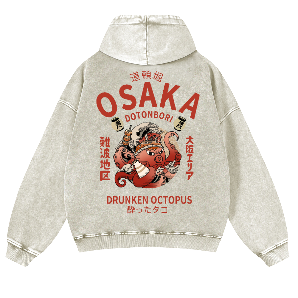 Osaka Dotonbori Drunken Octopus Vintage Washed Cotton Back Art Hoodie