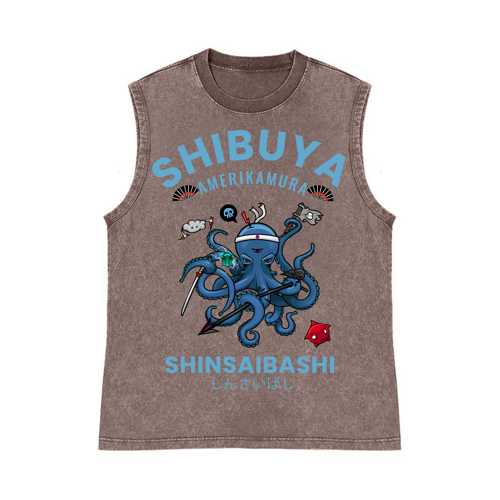 Shibuya Octopus Pure Cotton Wash-Dyed Sleeveless Tank Top