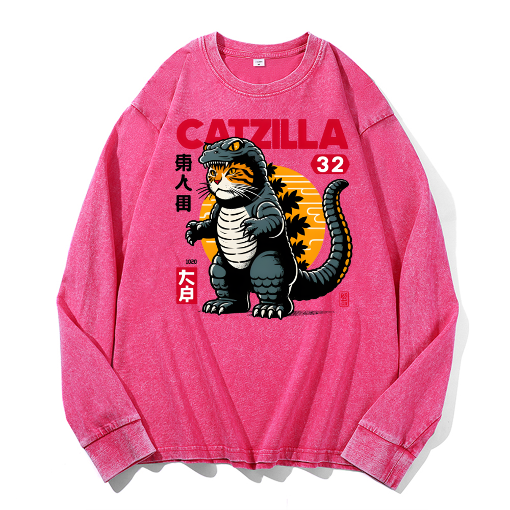 Catzilla Cat Kaiju Vintage Cotton Wash Crewneck Long-Sleeve T-Shirt