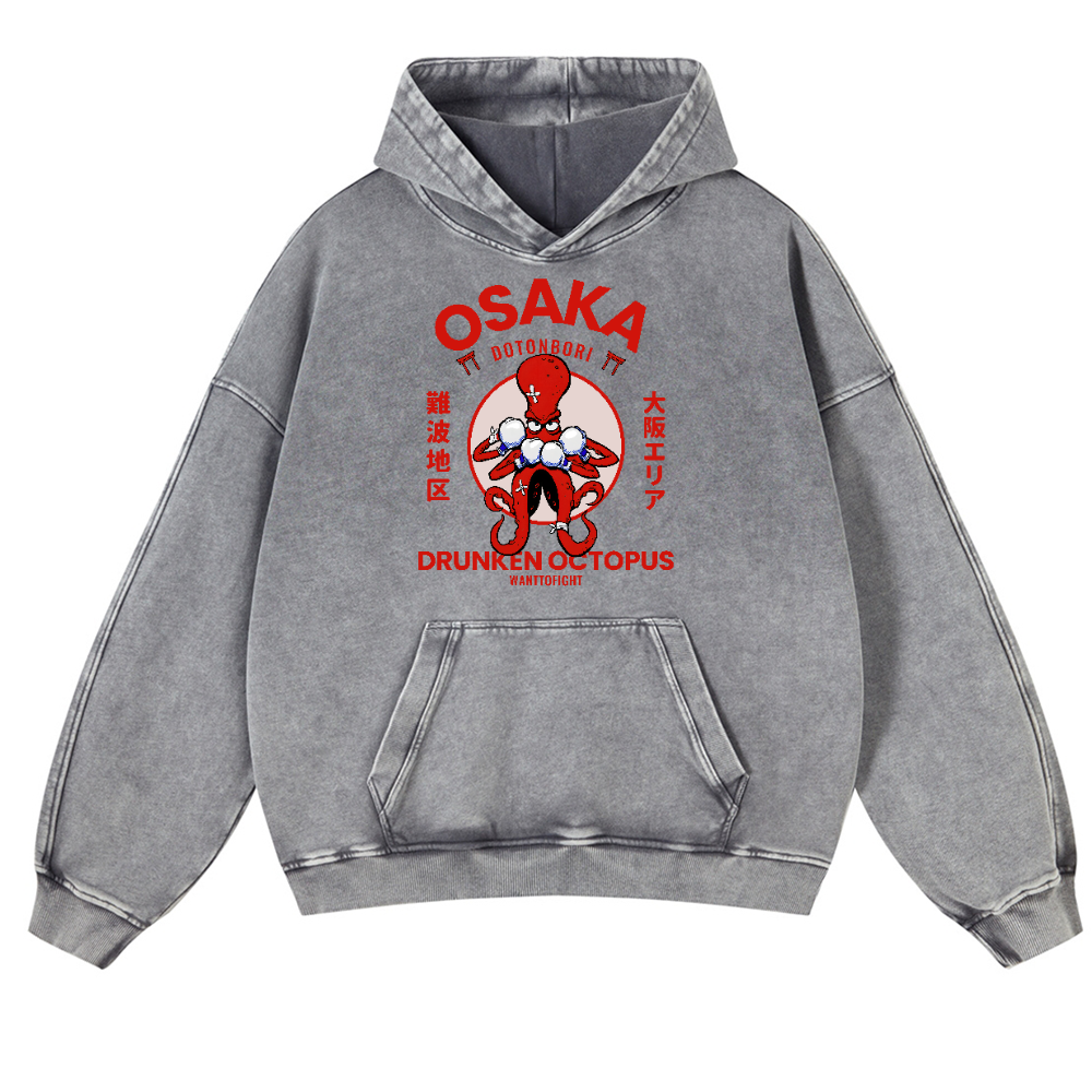 Osaka Drunken Octopus Vintage Washed Thick Cotton Hoodie