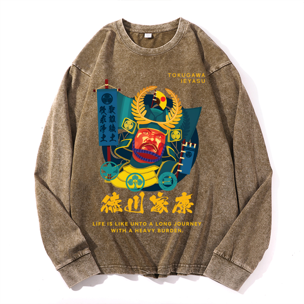 Tokugawa Ieyasu Vintage Cotton Wash Crewneck Long-Sleeve T-Shirt