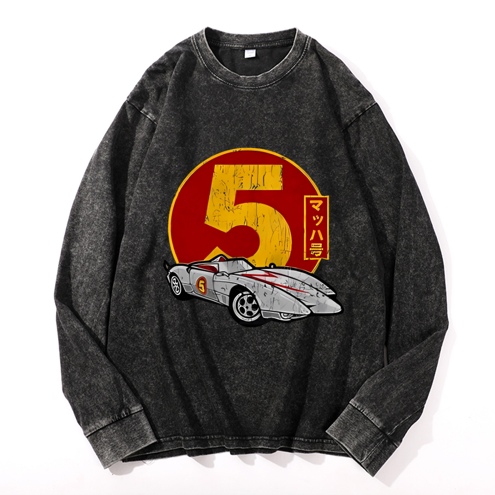 Car Vintage Cotton Wash Crewneck Long-Sleeve T-Shirt