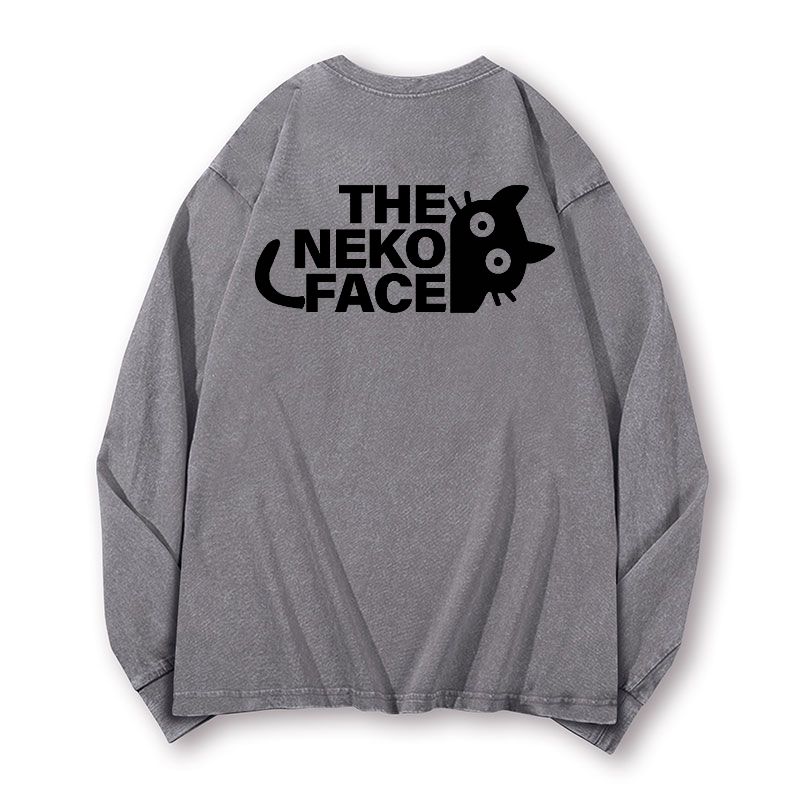 The Neko Face Vintage Washed Cotton Back Art Long-sleeve T-shirt