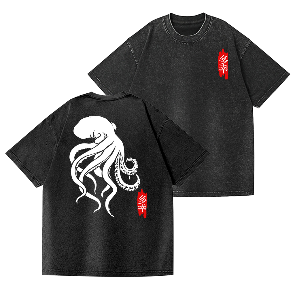 Octopus Vintage Wash Japanese Design Back Art T-Shirt