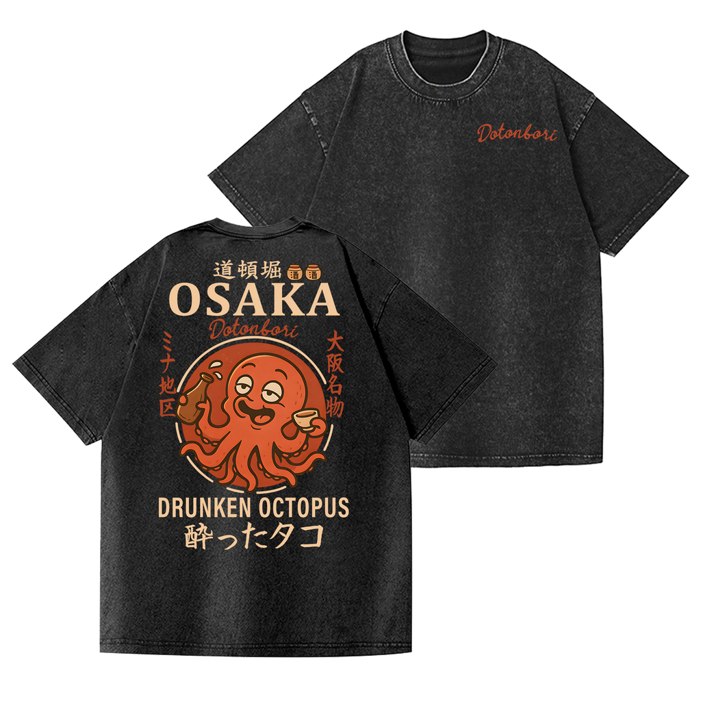 Osaka Dotonbori Drunken Octopus Vintage Wash Japanese Design Back Art T-Shirt