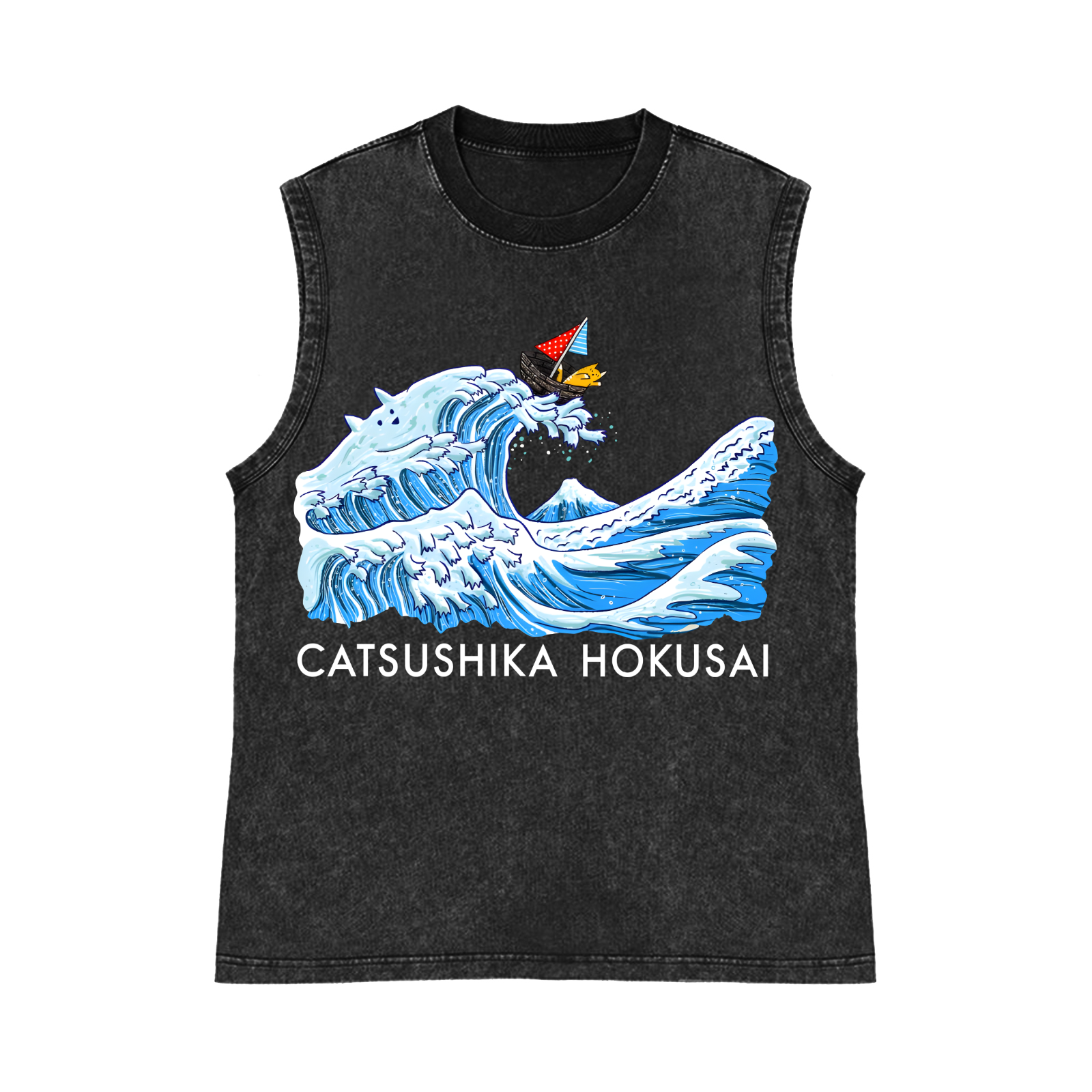 Catsushika Hokusai Cat Wave   Pure Cotton Wash-Dyed Sleeveless Tank Top