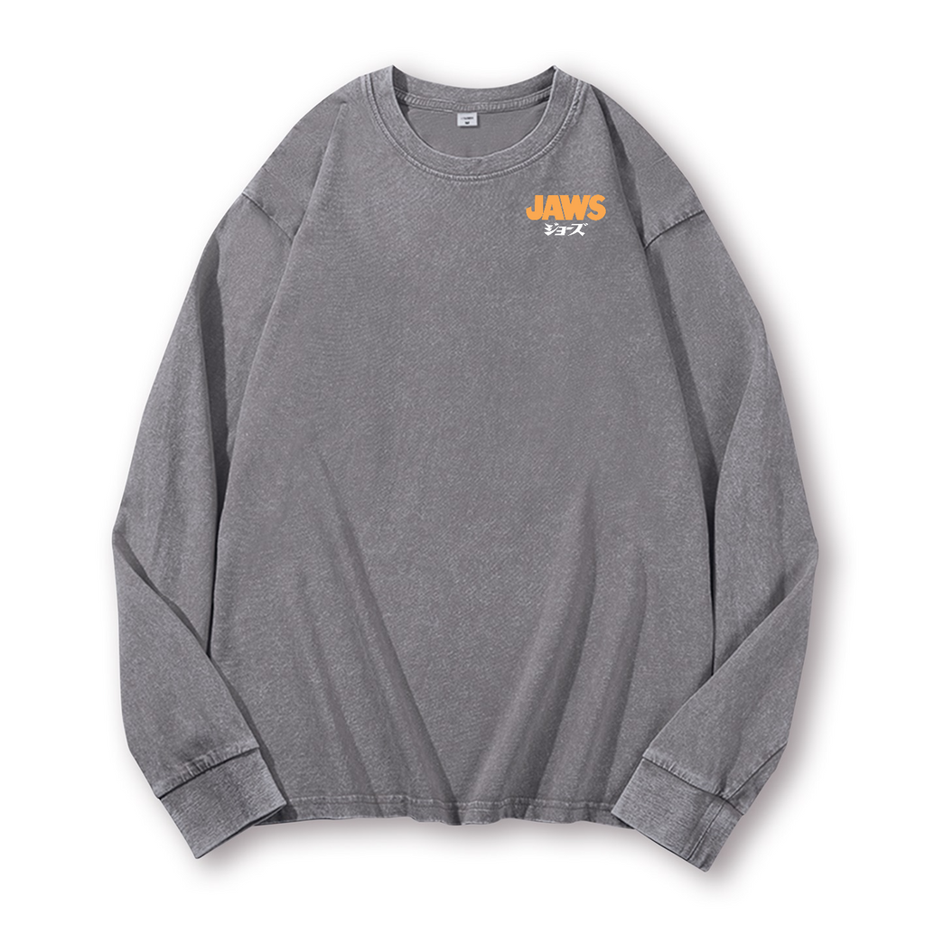 Jaws Shark Vintage Washed Cotton Back Art Long-sleeve T-shirt