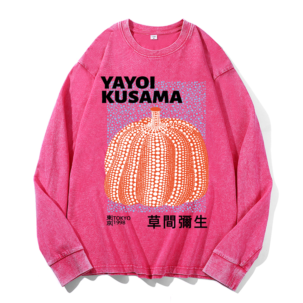 Yayoi Kusama Pumpkin Vintage Cotton Wash Crewneck Long-Sleeve T-Shirt