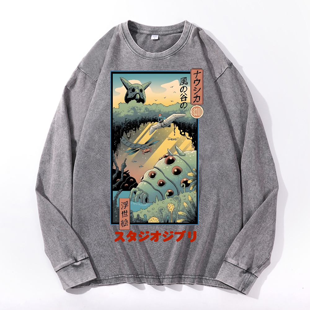Ghibl iNausicaä of the Valley of the Wind  Anime Vintage Cotton Wash Crewneck Long-Sleeve T-Shirt