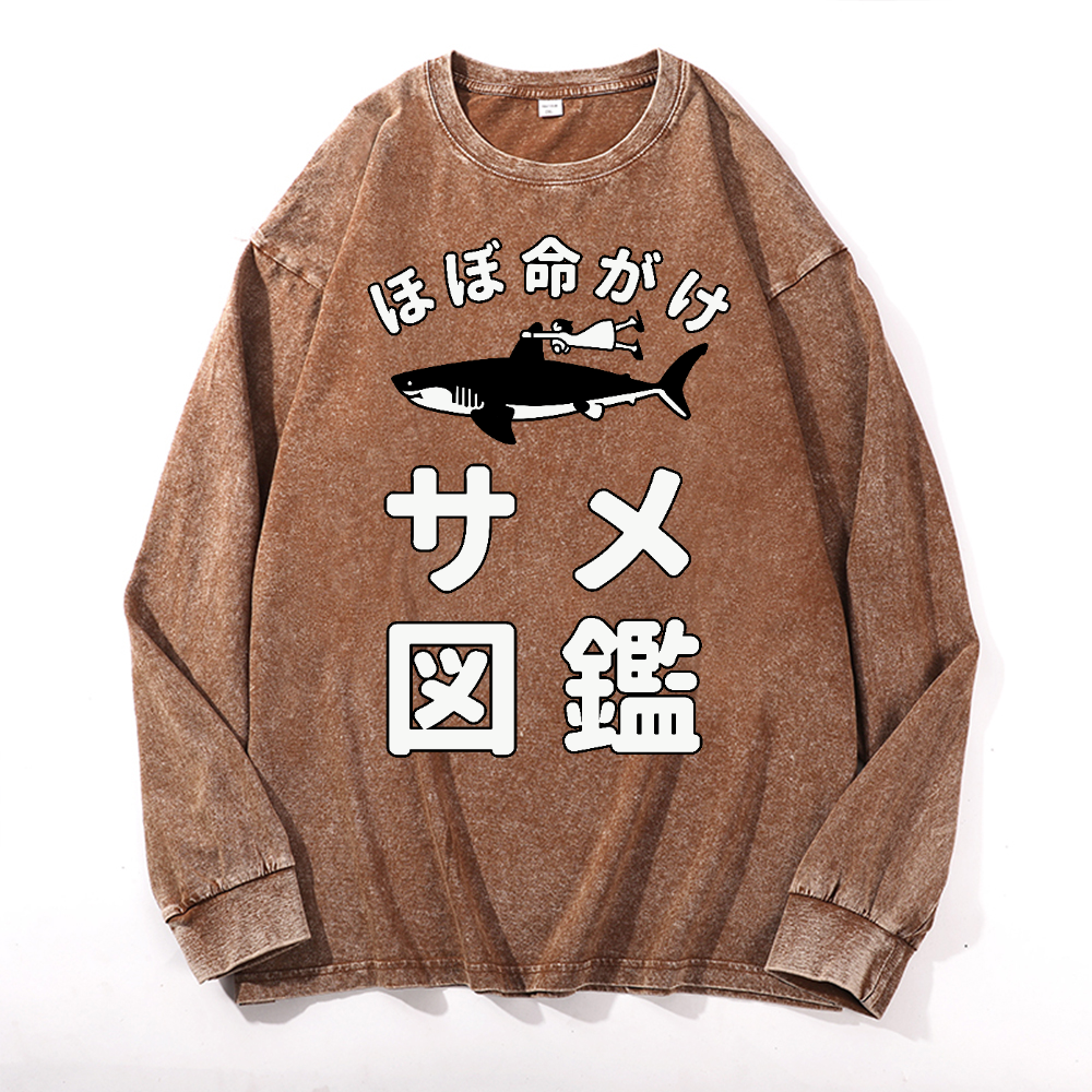 Shark Girl Vintage Cotton Wash Crewneck Long-Sleeve T-Shirt