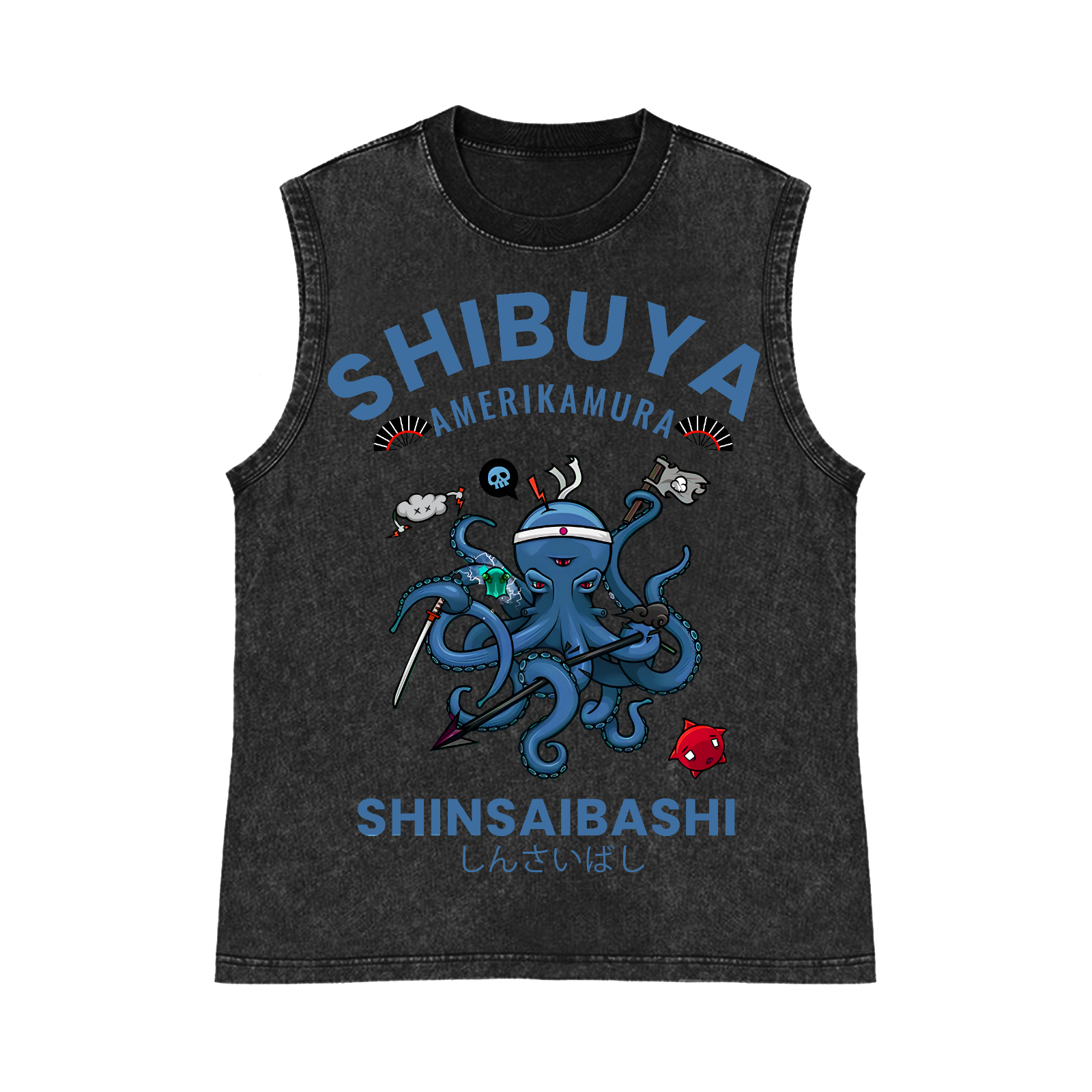 Shibuya Octopus Pure Cotton Wash-Dyed Sleeveless Tank Top