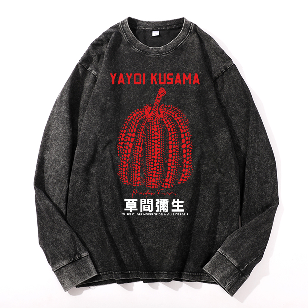 Yayoi Kusama Pumpkin Vintage Cotton Wash Crewneck Long-Sleeve T-Shirt