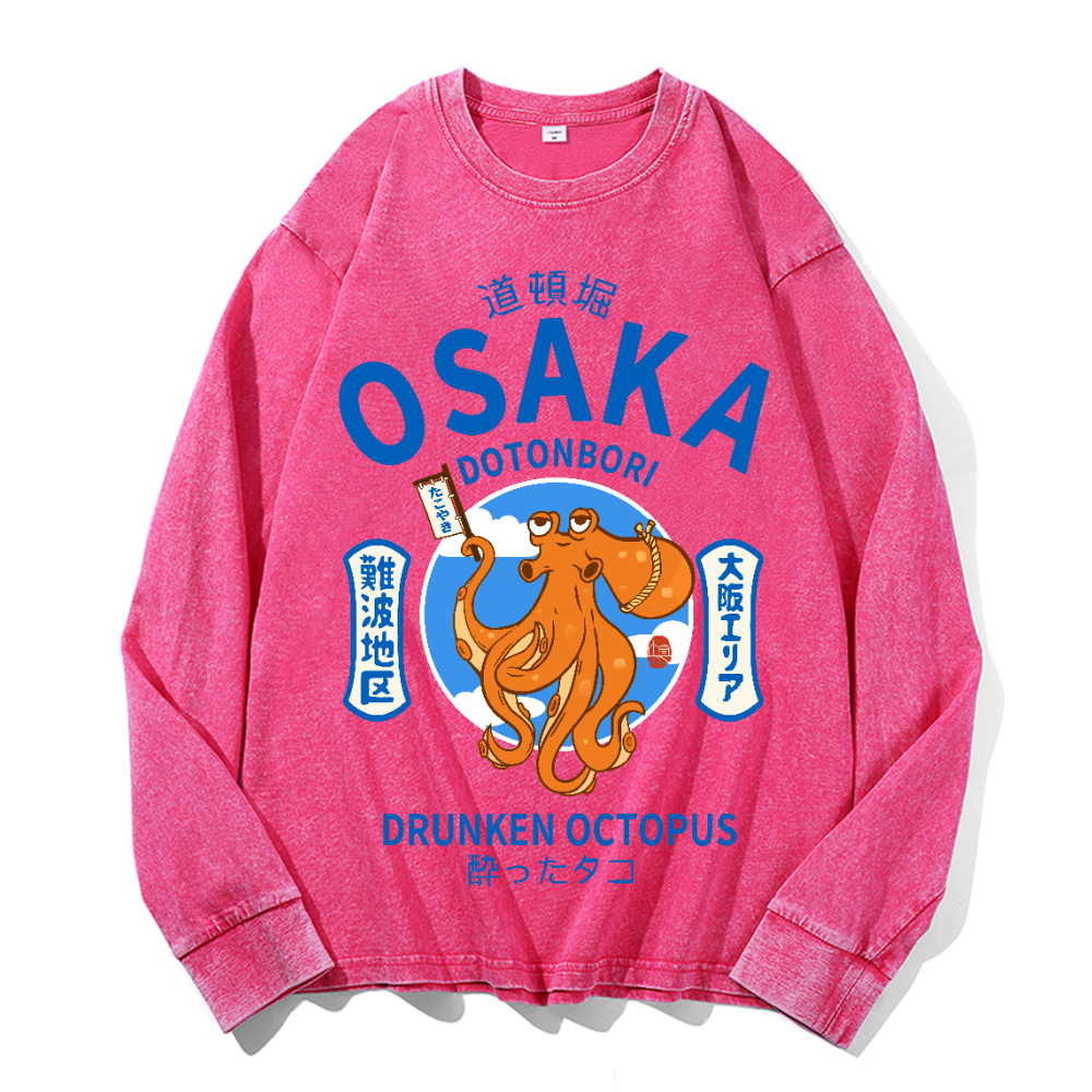 Osaka Dotonbori Drunken Octopus Vintage Cotton Wash Crewneck Long-Sleeve T-Shirt