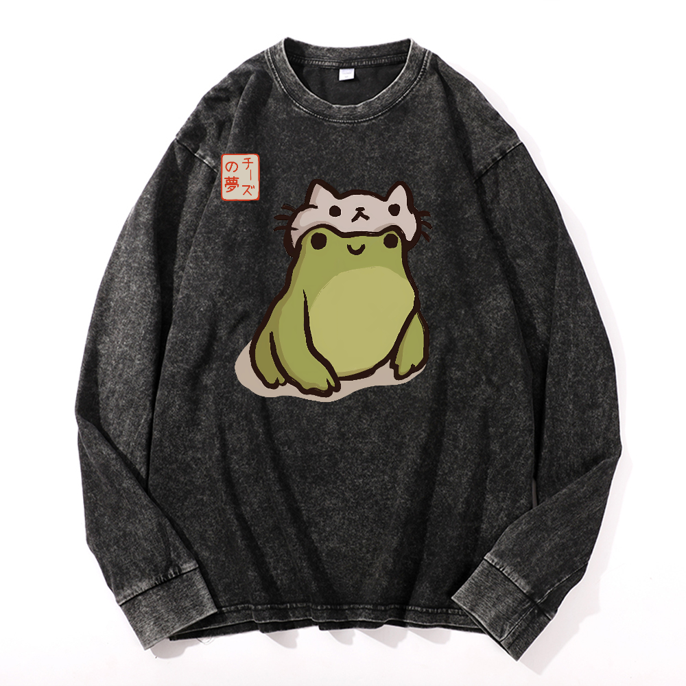 Frog Vintage Cotton Wash Crewneck Long-Sleeve T-Shirt